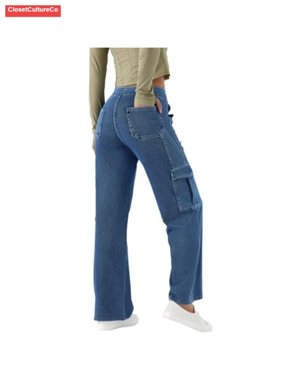 Pull On Cargo Jeans Elastic Waist Wide Leg Stretch Denim Pockets - Picture 1 of 6